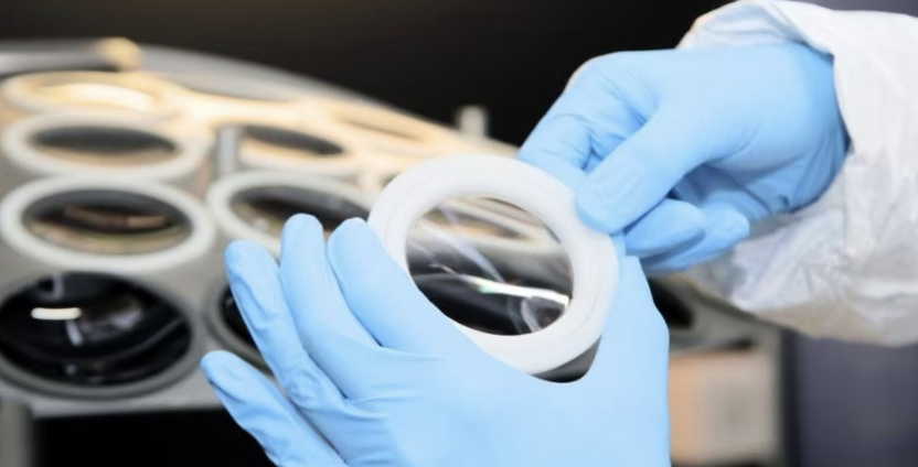 Technician handling precision coated optical lens in cleanroom
